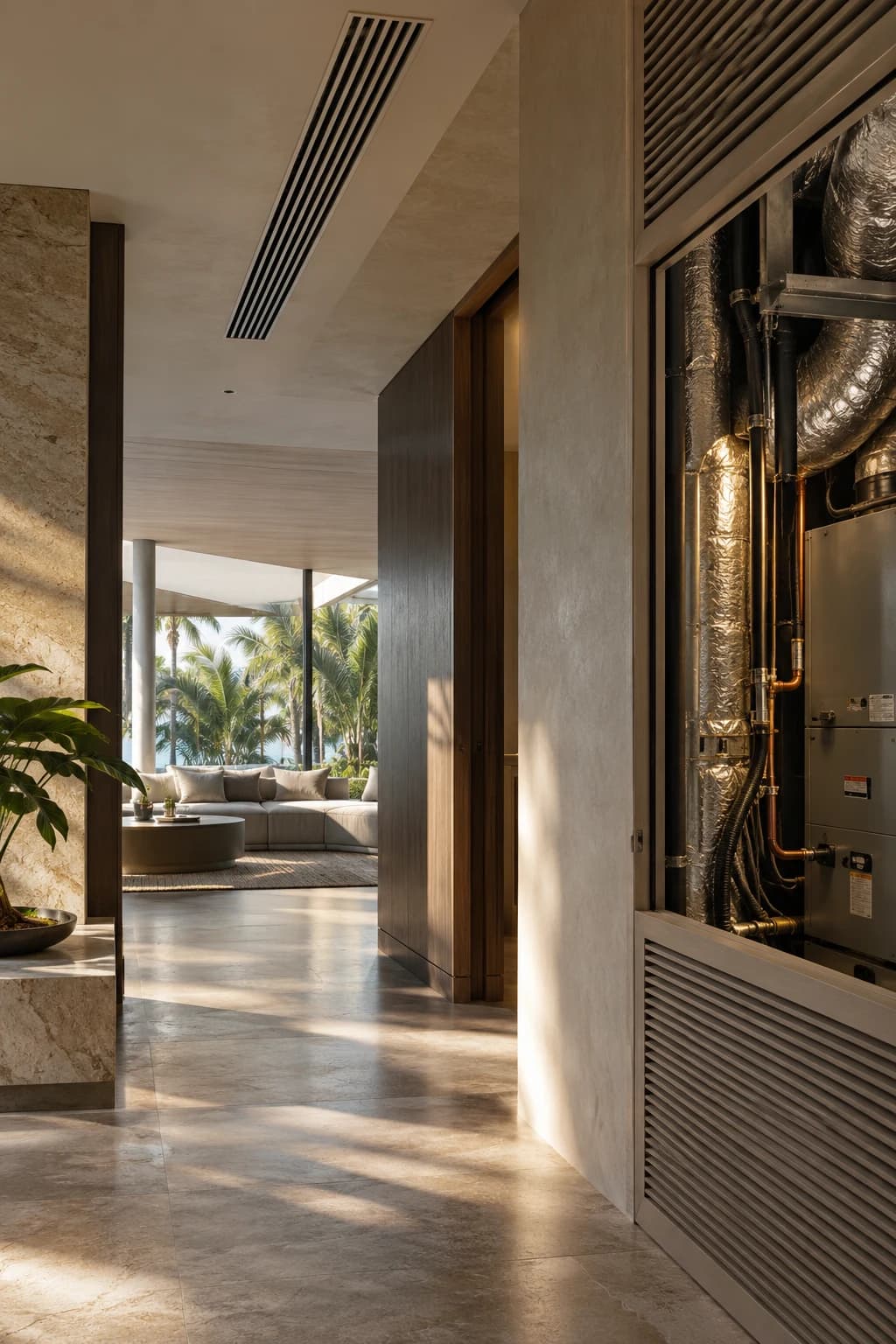 Linear air distribution and concealed HVAC infrastructure integrated into a modern South Florida interior
