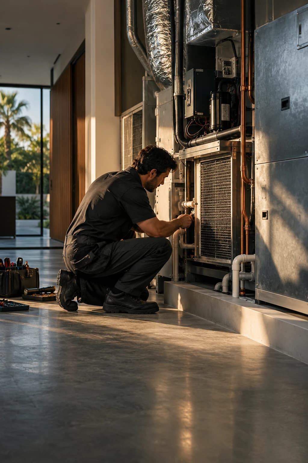 HVAC technician inspecting a residential air handler and mechanical system