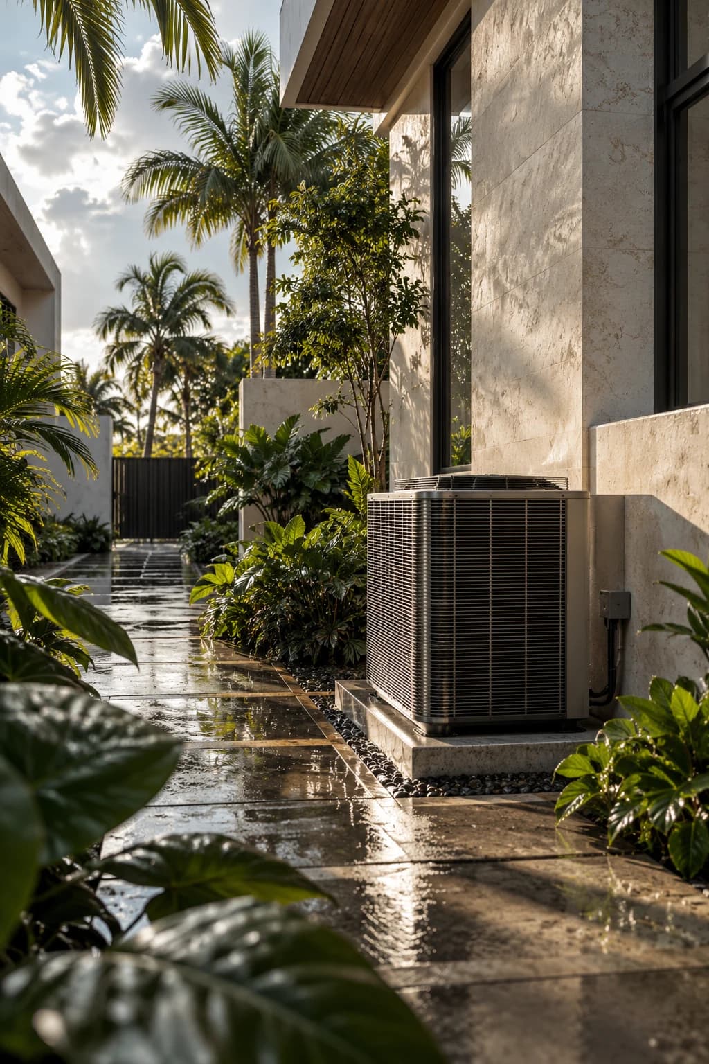 Outdoor HVAC condenser integrated into a lush South Florida residence after rain
